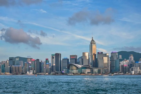 HONG KONG, CHINA, MAY 1, 2018: Hong Kong skyline cityscape downtown skyscrapers over Victoria
