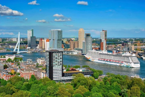 ROTTERDAM, NETHERLANDS, MAY 14, 2017: View of Rotterdam city and the Erasmus bridge Erasmusbrug