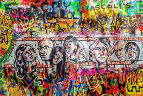 PRAGUE, CZECH REPUBLIC, APRIL 28, 2012: Lennon Wall is filled with John Lennon-inspired graffiti