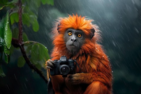 Titi monkey holding a camera under a heavy shower in the rainforest, AI Generated