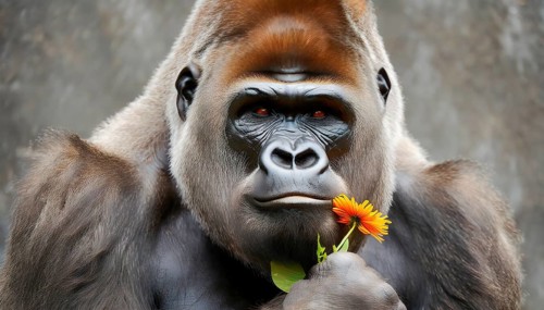 Animal portrait, A powerful male gorilla holds a flower in his hand, AI generated
