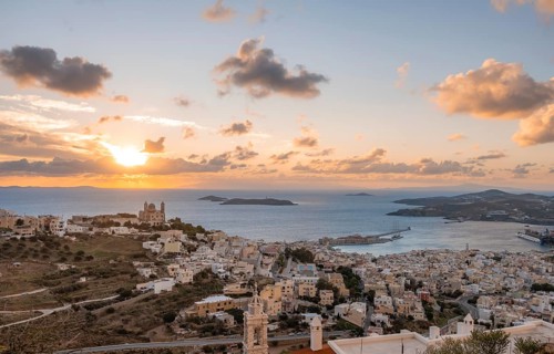 View from Ano Syros to the houses of Ermoupoli with the Anastasi Church or Church of the