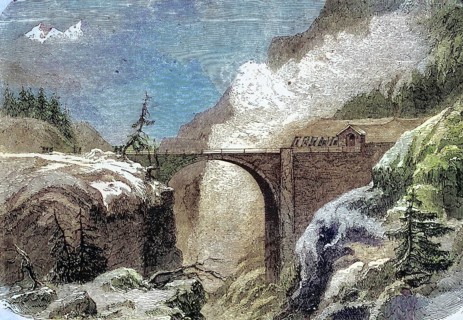 An arched bridge on the road over the San Bernardino Pass in the Alps, in 1869, Switzerland,