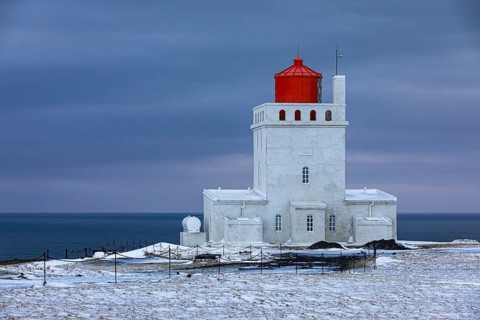 Dyrholaey lighthouse at blue hour, Sudurland, Iceland, Europe