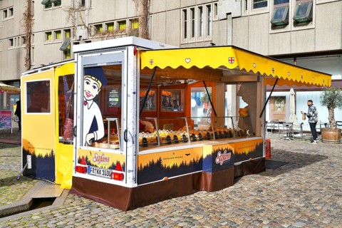 Freiburg, Germany, April 2022: Food truck called 'Stefan's Käsekuchen' selling traditional German