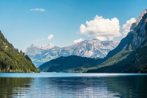 View over Lake Klöntal, Canton Glarus, Switzerland, Europe