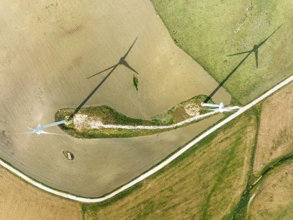 Windmills on a wind farm near Zahara de los Atunes, aerial view, drone shot, Cádiz province,