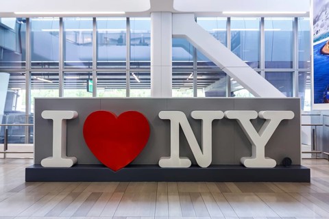 I Love NY sign at LaGuardia Airport in New York, USA, North America