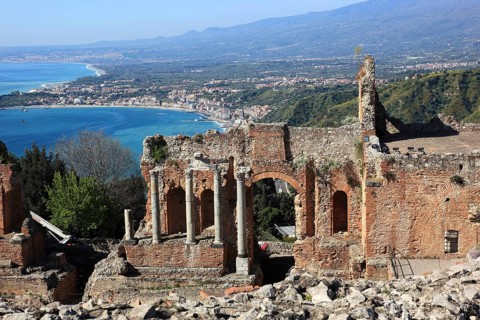 Taormina, view from the ancient theatre to the coastal landscape at Giardina Naxos, Sicily, Italy,