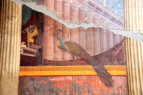 Villa of Poppea, Tragic Mask and Peacock, remains of fresco decoration. Historic town of Oplontis,