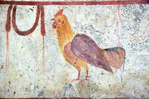 Tomb painting from a chamber tomb from ca 480 B. C. Lucanian period, in the Museum of Paestum,