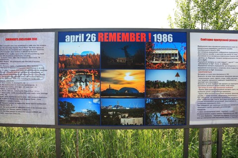 Chernobyl and Pripyat exclusion zone, sign on 26 April 1986, reactor accident, Kiev, Ukraine,