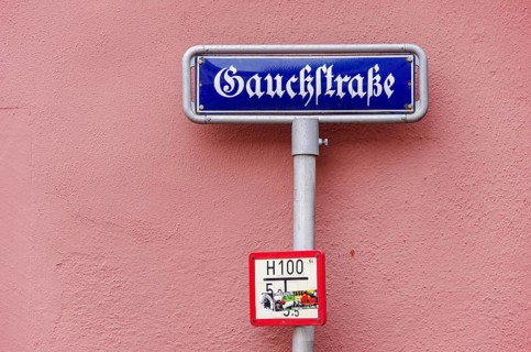 Street sign Gauckstraße, a street sign that reads like Gauckstraße, as if it was named after the