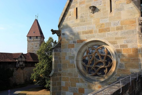Round window of the Luther Chapel of the Veste Coburg, Coburg, Upper Franconia, Bavaria, Germany,