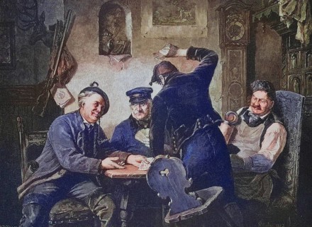 Vier Schafkopfspieler in einem Dorfwirtshaus, Kartenspiel, Männer, Deutschland, um 1885,