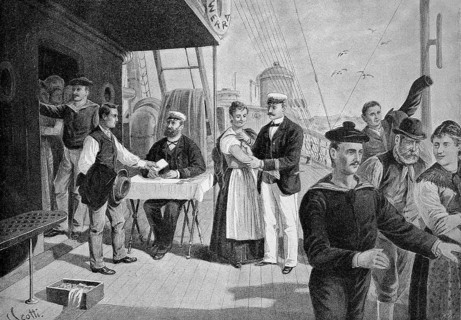 Vaccination aboard an ocean liner in 1884, Historic, digitally restored reproduction of an original