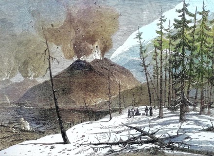 Eruption of Etna Volcano, Etna, in 1865, Sicily, Italy, Historical, digitally restored reproduction