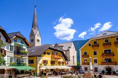 Market square with tower of the Protestant church, Hallstatt on Lake Hallstatt, Salzkammergut,