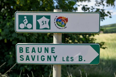 Signpost for cyclists on the Route des Grands-Crus, Route of Fine Wines, near Savigny-lès-Beaune,