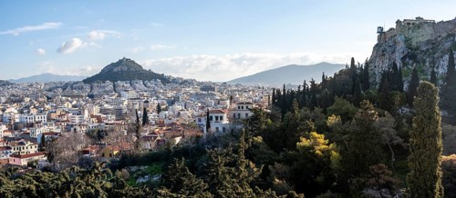 View from Areopagus Hill over the city, Old Town and Acropolis, in the back Mount Lycabettus