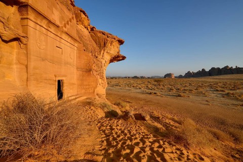 Nabataean tomb at Djabal Al-Ahmar in first daylight, Hegra or Mada'in Salih, AlUla region, Medina