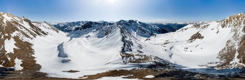 Alpine panorama, Mitterzeigerkogel, aerial view, peaks and mountains in winter, Sellraintal,