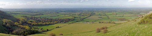 View of the village of Fulking from the South Downs Way near Brighton, panoramic view, Photomerge,