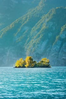 Small chive island in the turquoise waters of Lake Walen, Canton St. Gallen, Switzerland, Europe