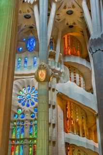 Interior view of the Familia Sagrada by the architect Antonio Gaudi in Barcelona, Spain, Europe