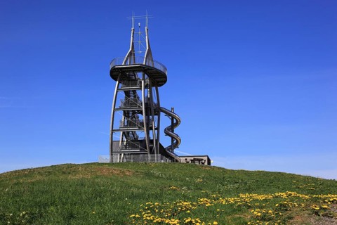 Noah's Sails lookout tower at Ellenbogen, 813 m. high mountain of the Rhoen in the district of
