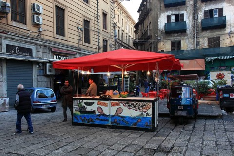 Palermo old town, market, market day in La Vucciria district, Mercato Vucciria, Sicily, Italy,