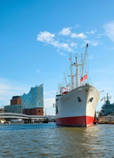 Hamburg museum ship Cap San Diego at the Landungsbrücken, behind the Elbe Philharmonic Hall,