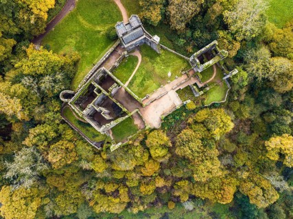 Top Down over Berry Pomeroy Castle from a drone, Totnes Devon, England, United Kingdom, Europe