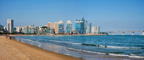 BUSAN, SOUTH KOREA, APRIL 11, 2017: Panorama of Gwangalli Beach in Busan, a large port city in