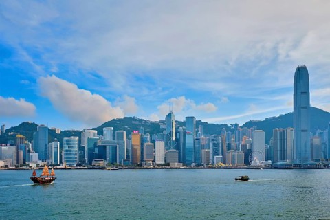 HONG KONG, CHINA, MAY 1, 2018: Hong Kong skyline cityscape downtown skyscrapers over Victoria