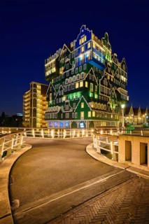 ZAANDAM, NETHERLANDS, MAY 8, 2017: Inntel Hotel in Zaandam illuminated at night. Design of