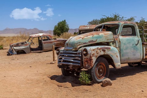 Wreck of a classic car in the desert, Solitaire, Khomas Region, Namibia, Africa