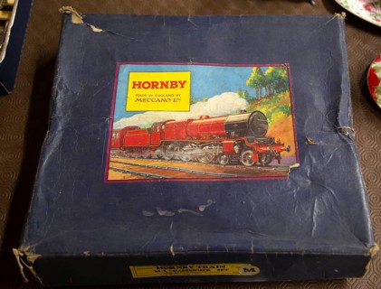 Boxed child's Hornby train set on display at auction room, UK