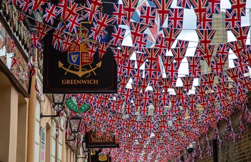 Union Jack flags bunting for Queen's Platinum Jubilee at Trafalgar Tavern, Greenwich, London,