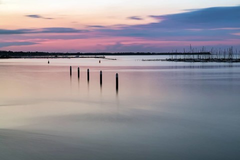 Evening twilight on the Strelasund, long exposure, Stralsund harbour, Germany, Europe