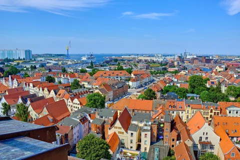 View from the viewing platform of the Georgenkirche over the Hanseatic city of Wismar,
