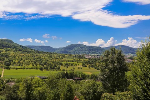 Arbachtal near Pfullingen, mountains, sky, clouds, green meadows, trees, landscape, view of