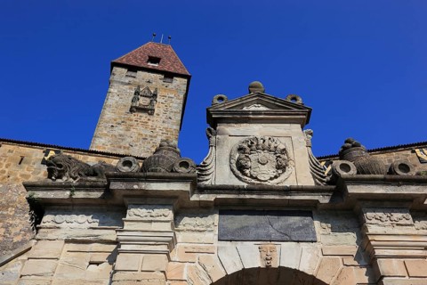 Coat of arms above the entrance and the Bulgarian tower of Veste Coburg, Upper Franconia, Bavaria,