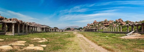 Ancient ruins of Hampi and Sule Bazaar, Hampi, Karnataka, India. Panorama