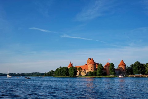 Trakai Island Castle in lake Galve in day, Lithuania. Trakai Castle is one of major tourist