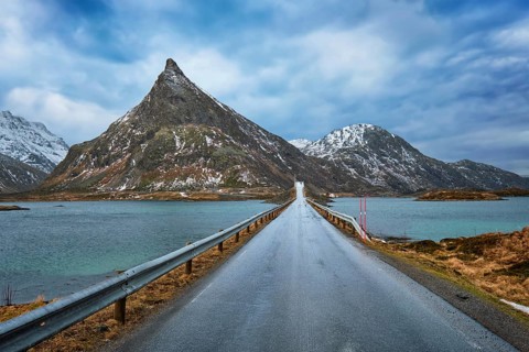 Road in Norwegian fjord. Lofoten islands, Norway, Europe