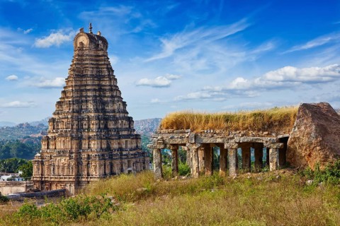 Gopura (or gopuram) tower of Virupaksha Temple. Hampi, Karnataka, India, Asia