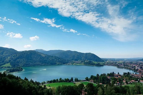 View of the beautiful Schliersee in August, Pre-Alps, Bavaria, Germany, Europe