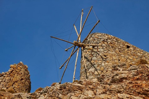 Old windmill, flour mill, Ambelos Pass, blue sky, Lassithi plateau, Lassithi, East Crete, island of