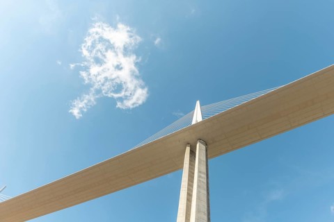 Millau viaduct, cable-stayed bridge over Tarn valley. The highest road bridge in the world. A75